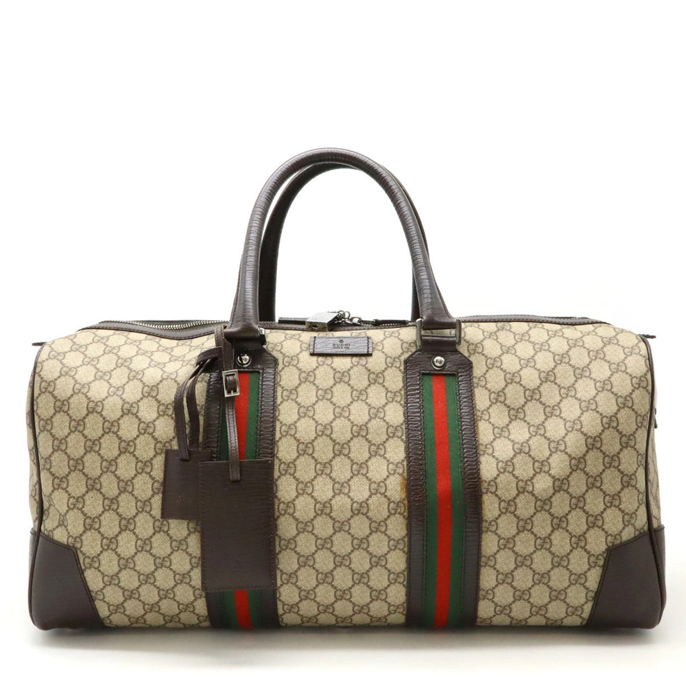 Gucci GG Supreme Sherry Boston Bag Travel Leather Beige Cream Dark Brown
